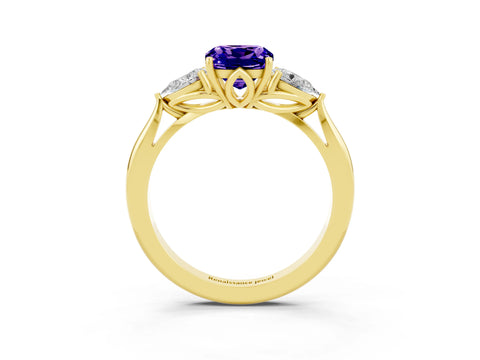 Yellow gold Three-Stone Cushion Cut Cut Diamond Ring with Pear Side Stones in Four-Prong Setting_3