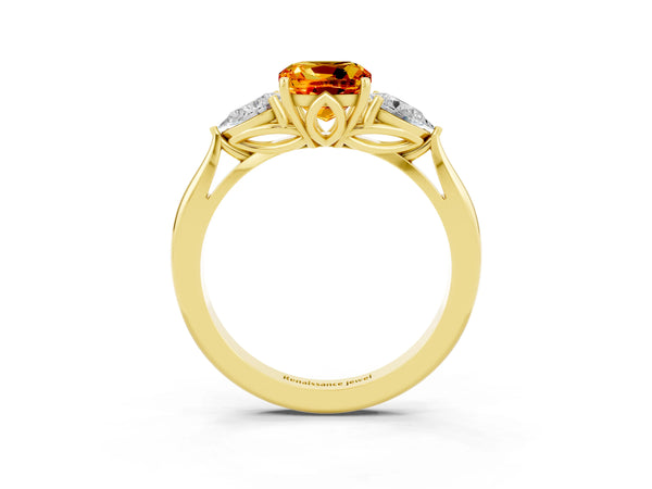 Yellow gold Three-Stone Cushion Cut Citrine Ring with Pear  Side Stones in Four-Prong Setting