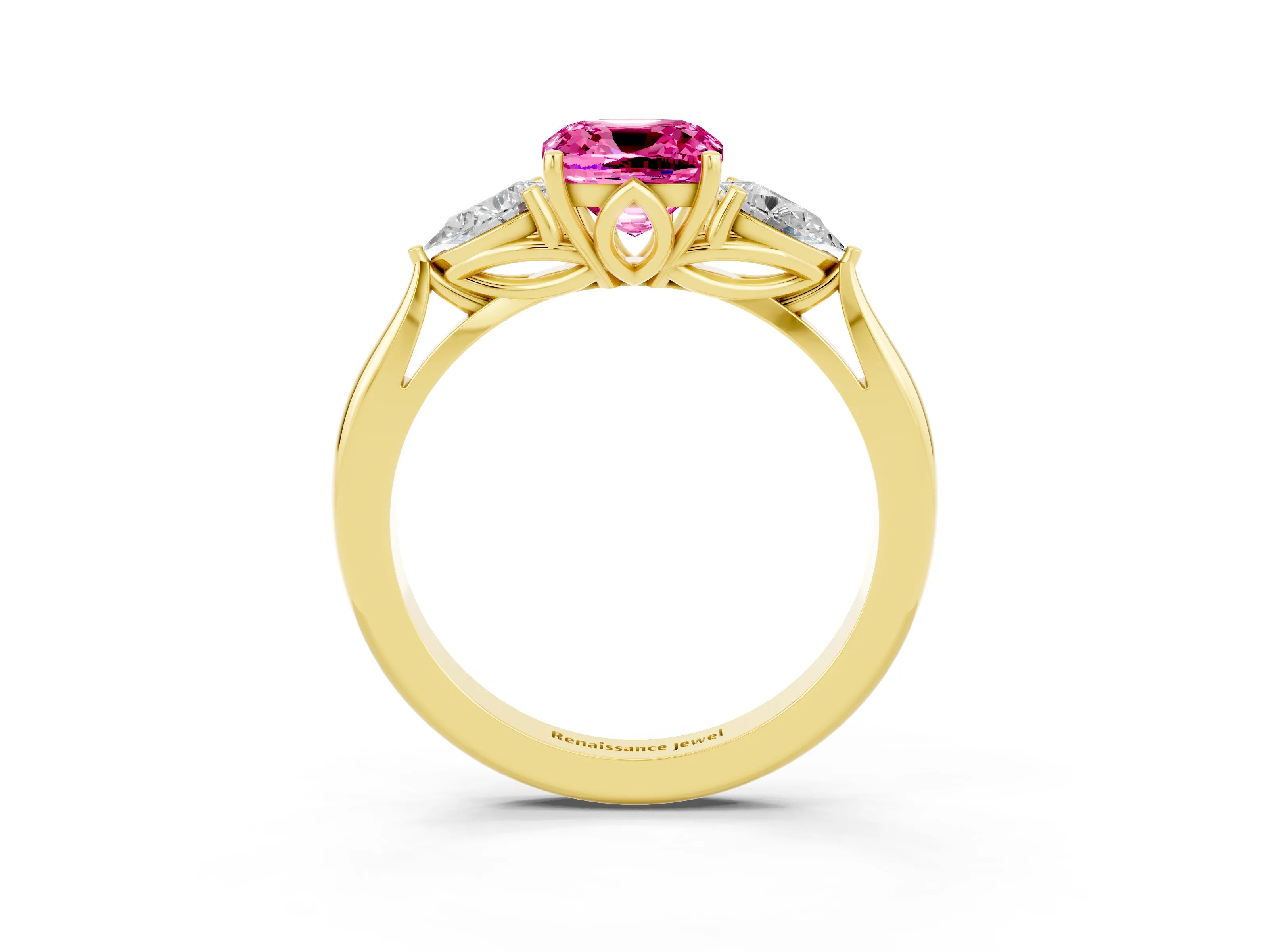 Yellow gold Three-Stone Cushion Cut Cut Diamond Ring with Pear Side Stones in Four-Prong Setting_3
