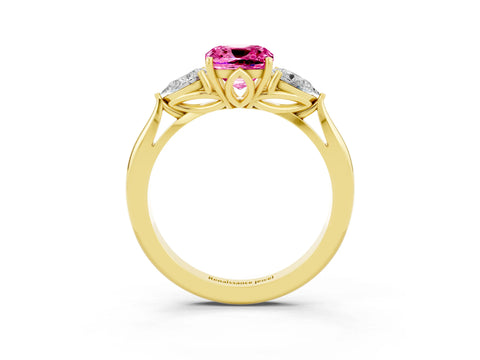 Yellow gold Three-Stone Cushion Cut Cut Diamond Ring with Pear Side Stones in Four-Prong Setting_3