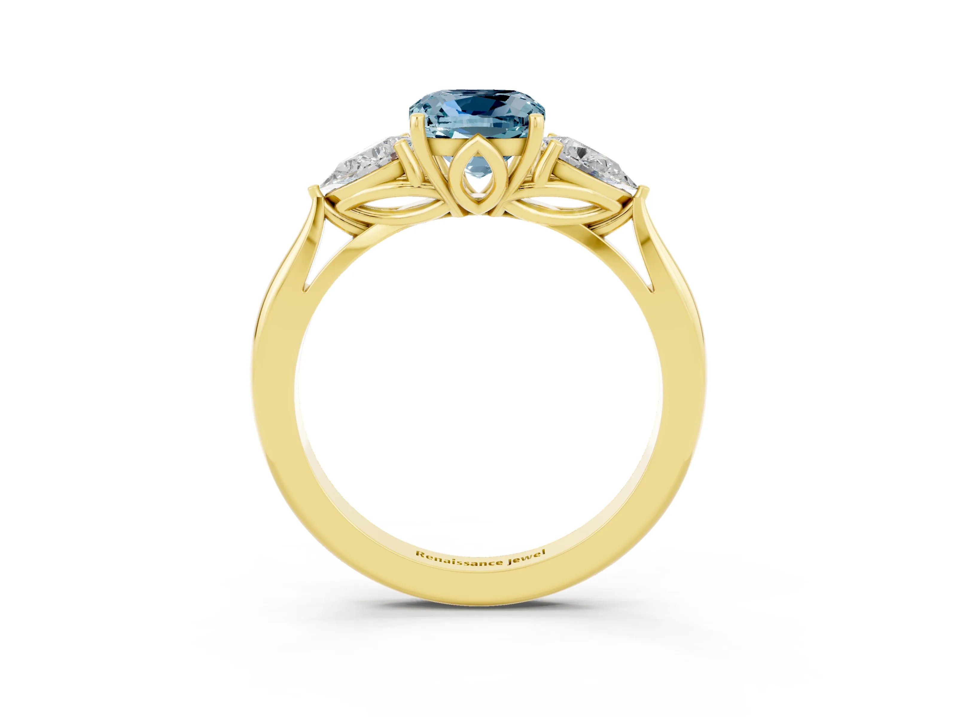 Yellow gold Three-Stone Cushion Cut Cut Diamond Ring with Pear Side Stones in Four-Prong Setting_3