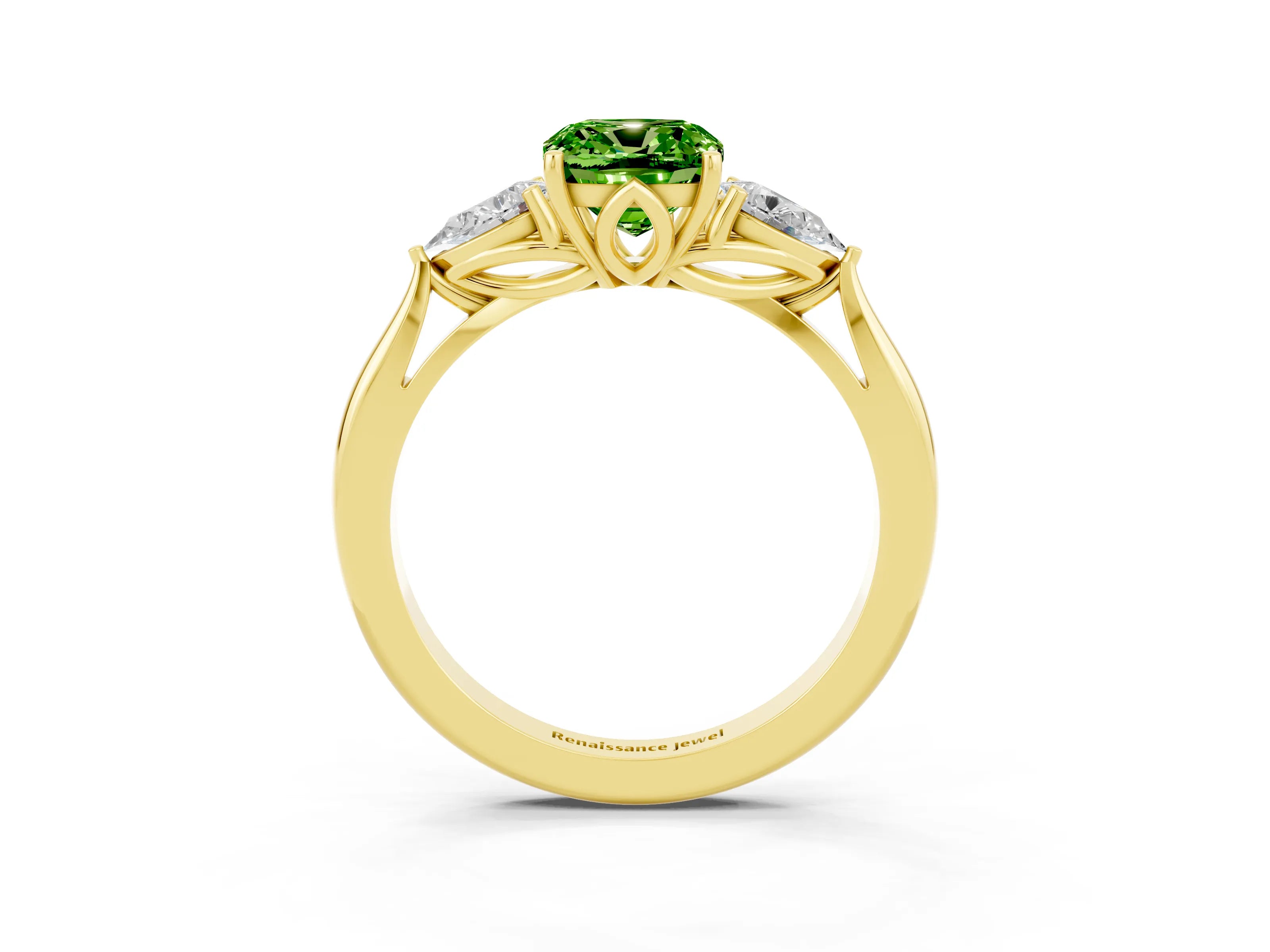 Yellow gold Three-Stone Cushion Cut Cut Diamond Ring with Pear Side Stones in Four-Prong Setting_3