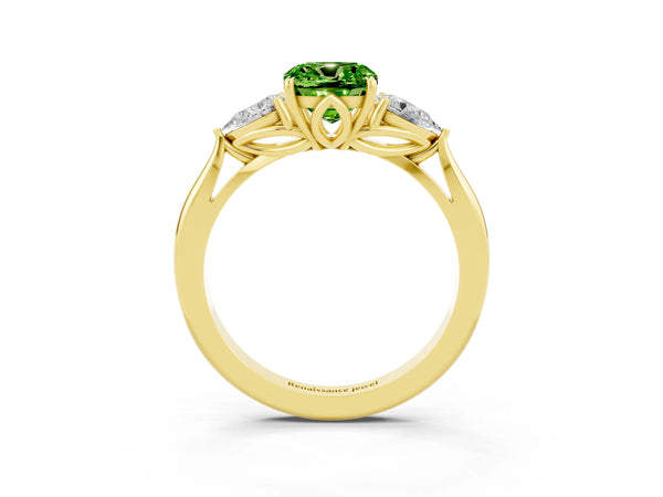 Yellow gold Three-Stone Cushion Cut Cut Diamond Ring with Pear Side Stones in Four-Prong Setting