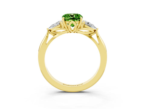Yellow gold Three-Stone Cushion Cut Cut Diamond Ring with Pear Side Stones in Four-Prong Setting_3