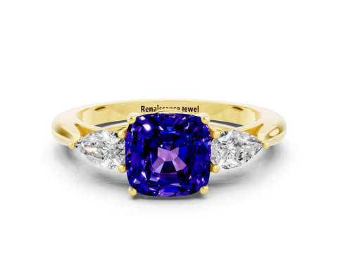 Yellow gold Three-Stone Cushion Cut Cut Diamond Ring with Pear Side Stones in Four-Prong Setting