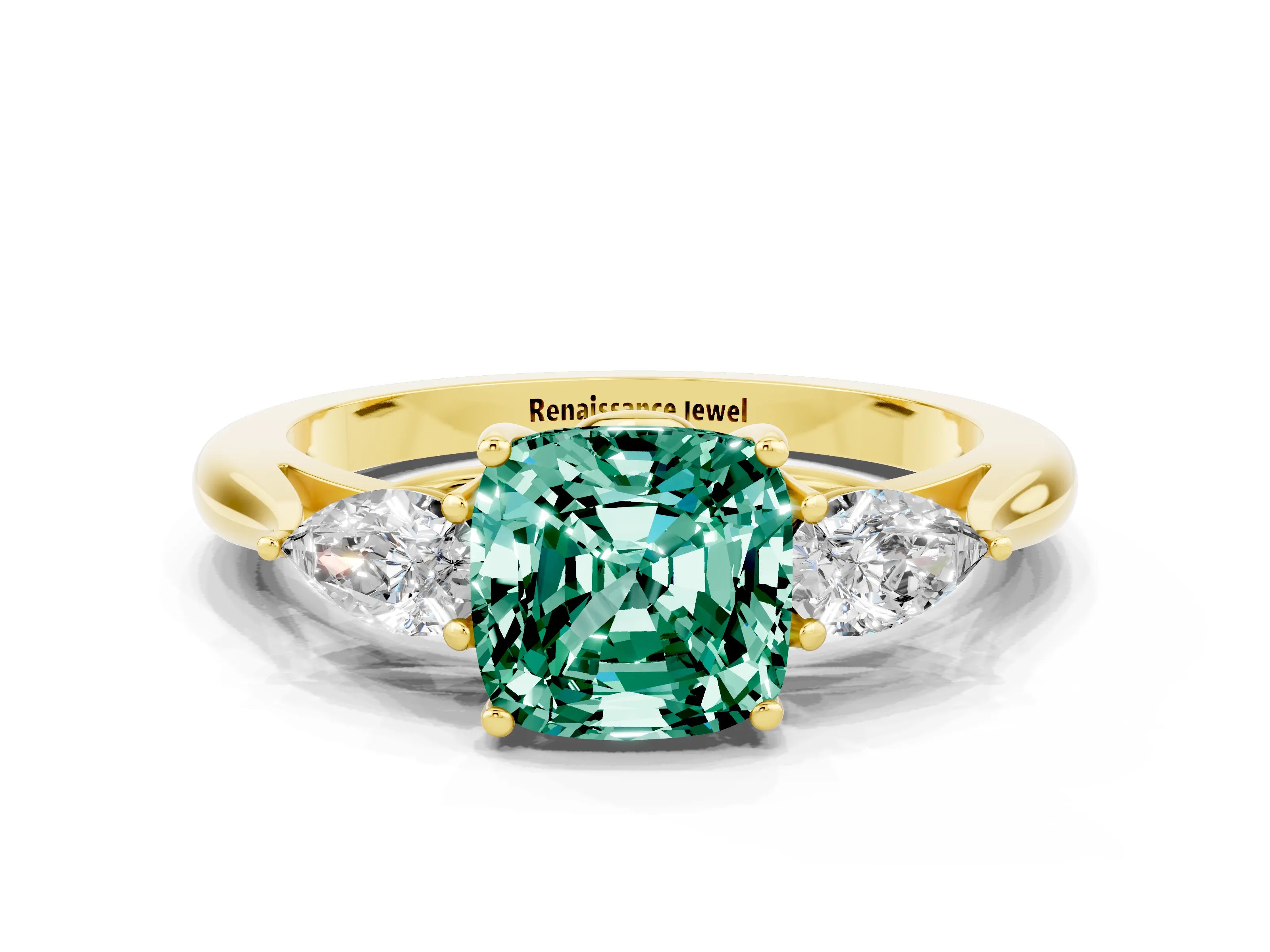 Yellow gold Three-Stone Cushion Cut Cut Diamond Ring with Pear Side Stones in Four-Prong Setting