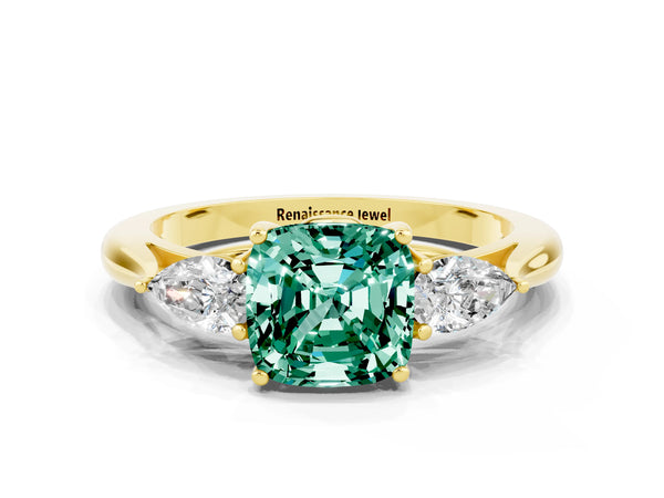 Yellow gold Three-Stone Cushion Cut Green Sapphire Ring with Pear  Side Stones in Four-Prong Setting
