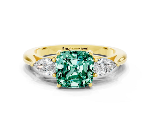Yellow gold Three-Stone Cushion Cut Cut Diamond Ring with Pear Side Stones in Four-Prong Setting