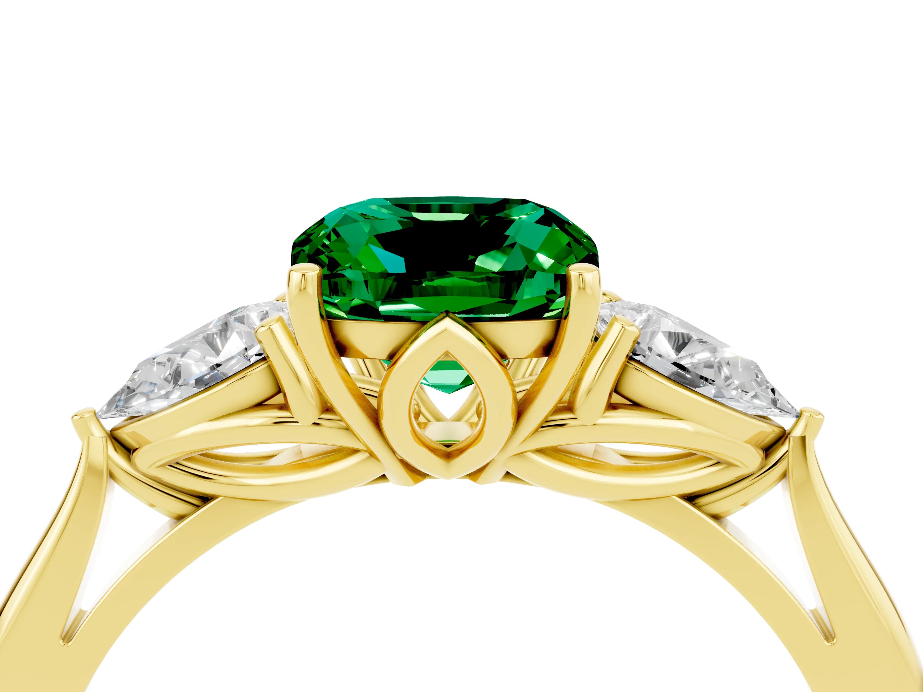 Yellow gold Three-Stone Cushion Cut Cut Diamond Ring with Pear Side Stones in Four-Prong Setting_4