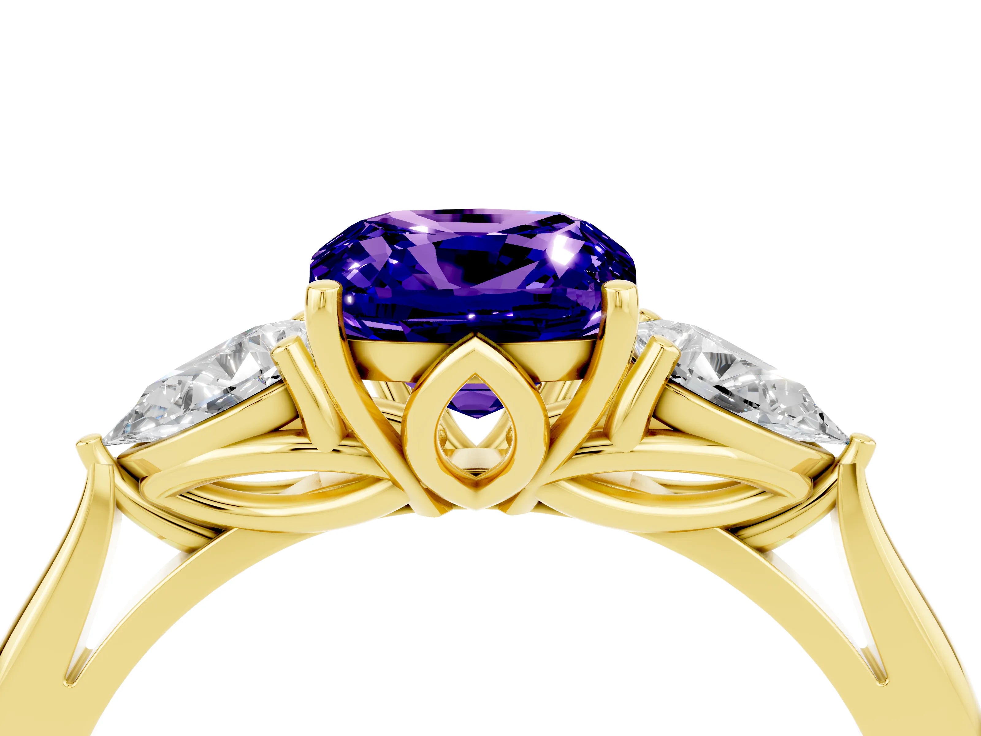 Yellow gold Three-Stone Cushion Cut Cut Diamond Ring with Pear Side Stones in Four-Prong Setting_4