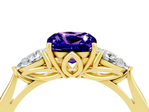 Yellow gold Three-Stone Cushion Cut Cut Diamond Ring with Pear Side Stones in Four-Prong Setting_4