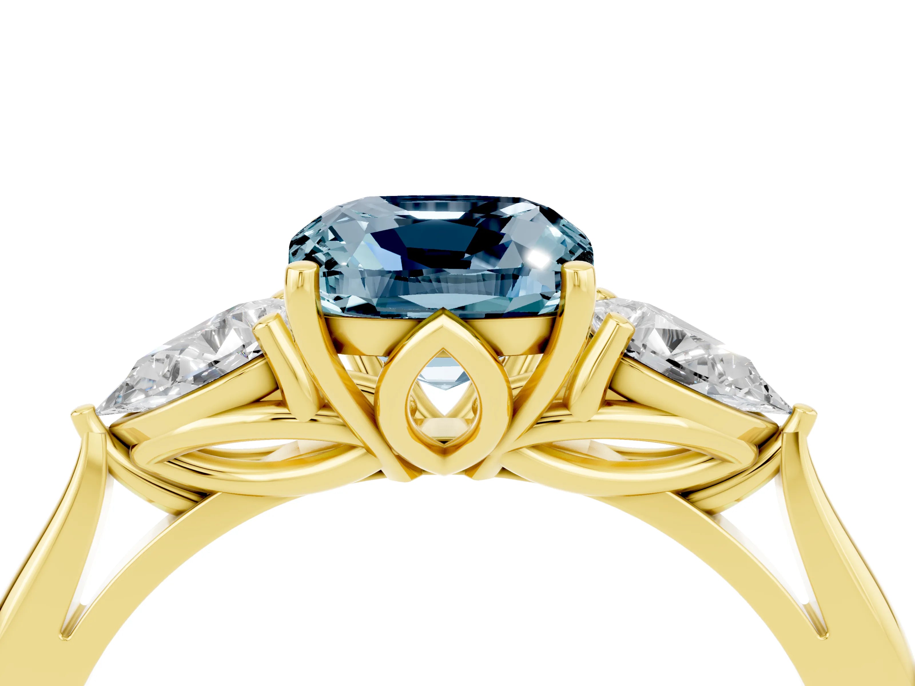 Yellow gold Three-Stone Cushion Cut Cut Diamond Ring with Pear Side Stones in Four-Prong Setting_4