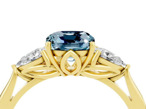 Yellow gold Three-Stone Cushion Cut Cut Diamond Ring with Pear Side Stones in Four-Prong Setting_4