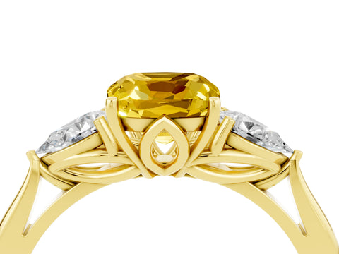 Yellow gold Three-Stone Cushion Cut Cut Diamond Ring with Pear Side Stones in Four-Prong Setting_4