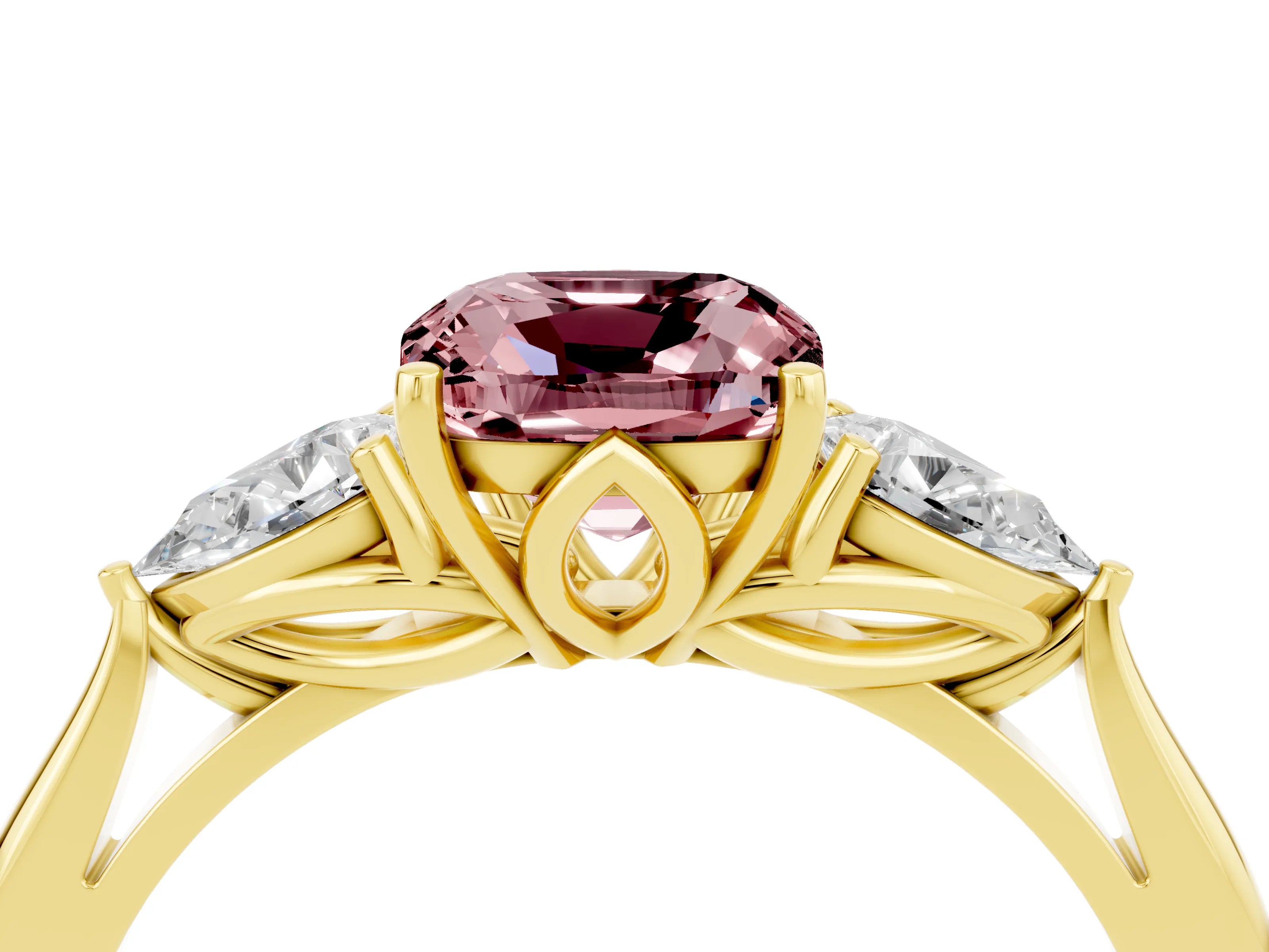 Yellow gold Three-Stone Cushion Cut Cut Diamond Ring with Pear Side Stones in Four-Prong Setting_4