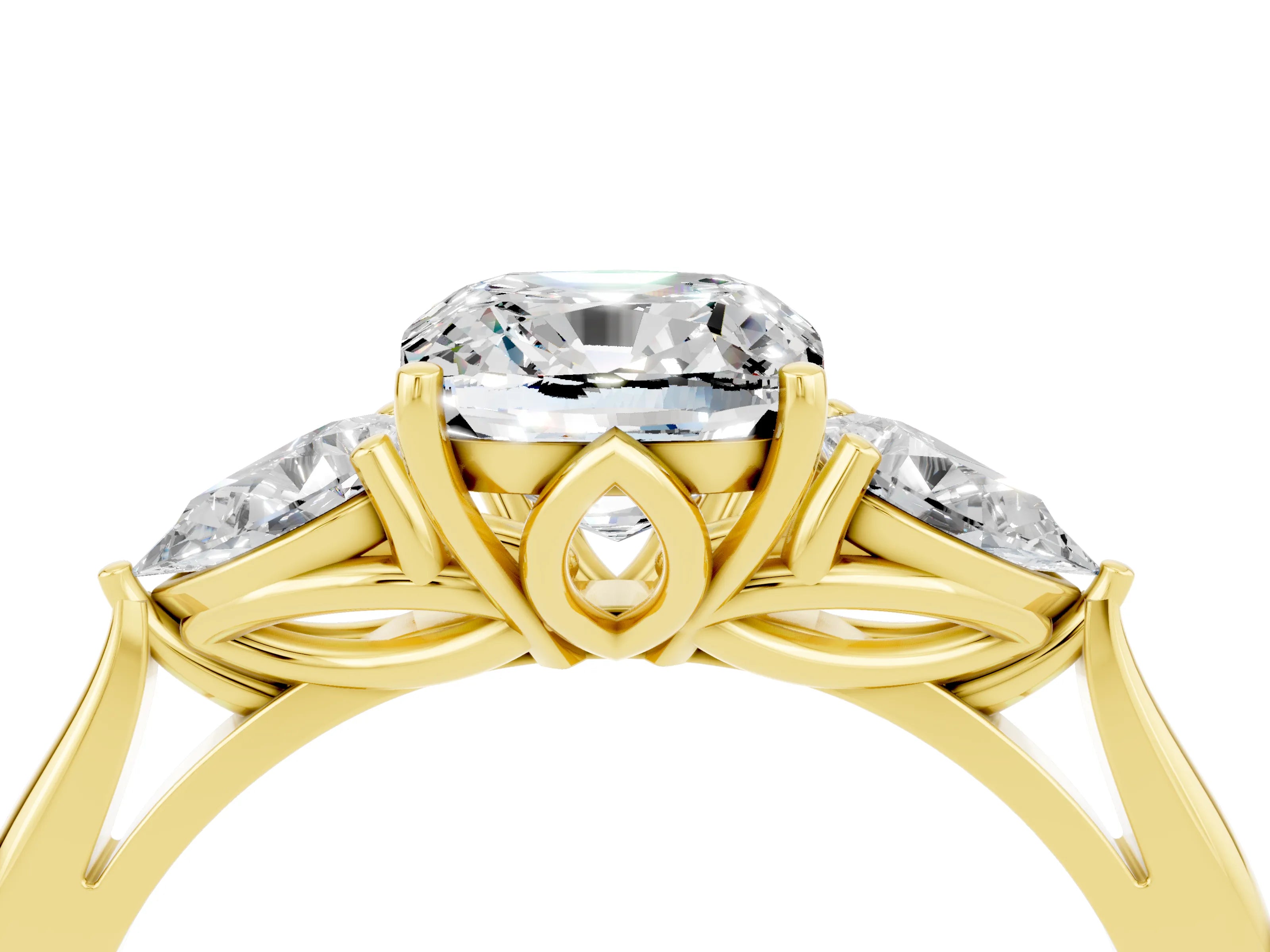 Yellow gold Three-Stone Cushion Cut Cut Diamond Ring with Pear Side Stones in Four-Prong Setting_4
