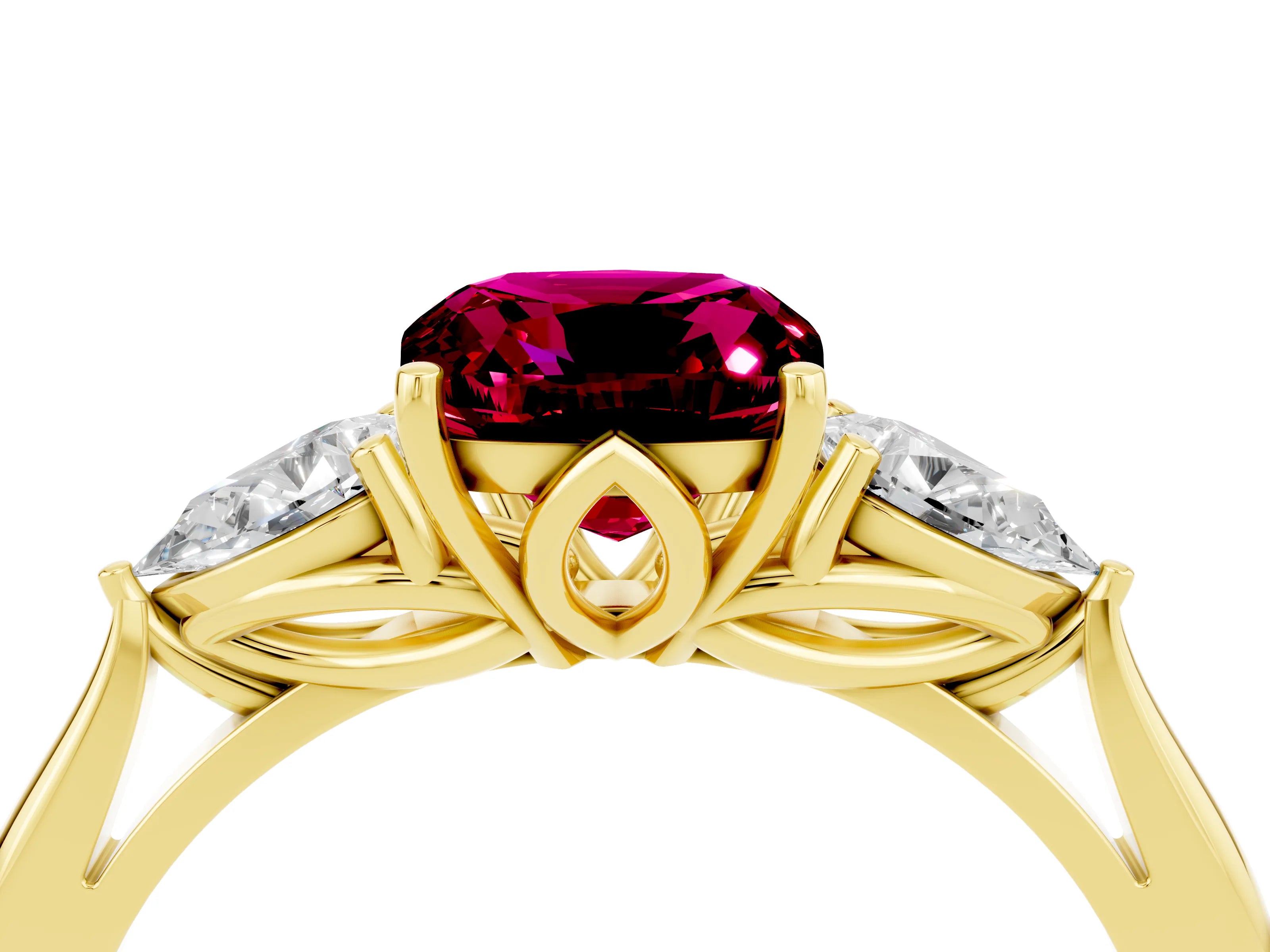 Yellow gold Three-Stone Cushion Cut Cut Diamond Ring with Pear Side Stones in Four-Prong Setting_4