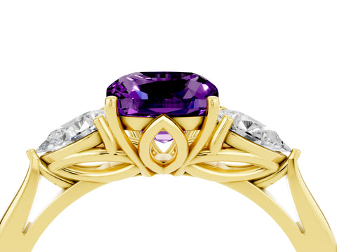 Yellow gold Three-Stone Cushion Cut Cut Diamond Ring with Pear Side Stones in Four-Prong Setting_4