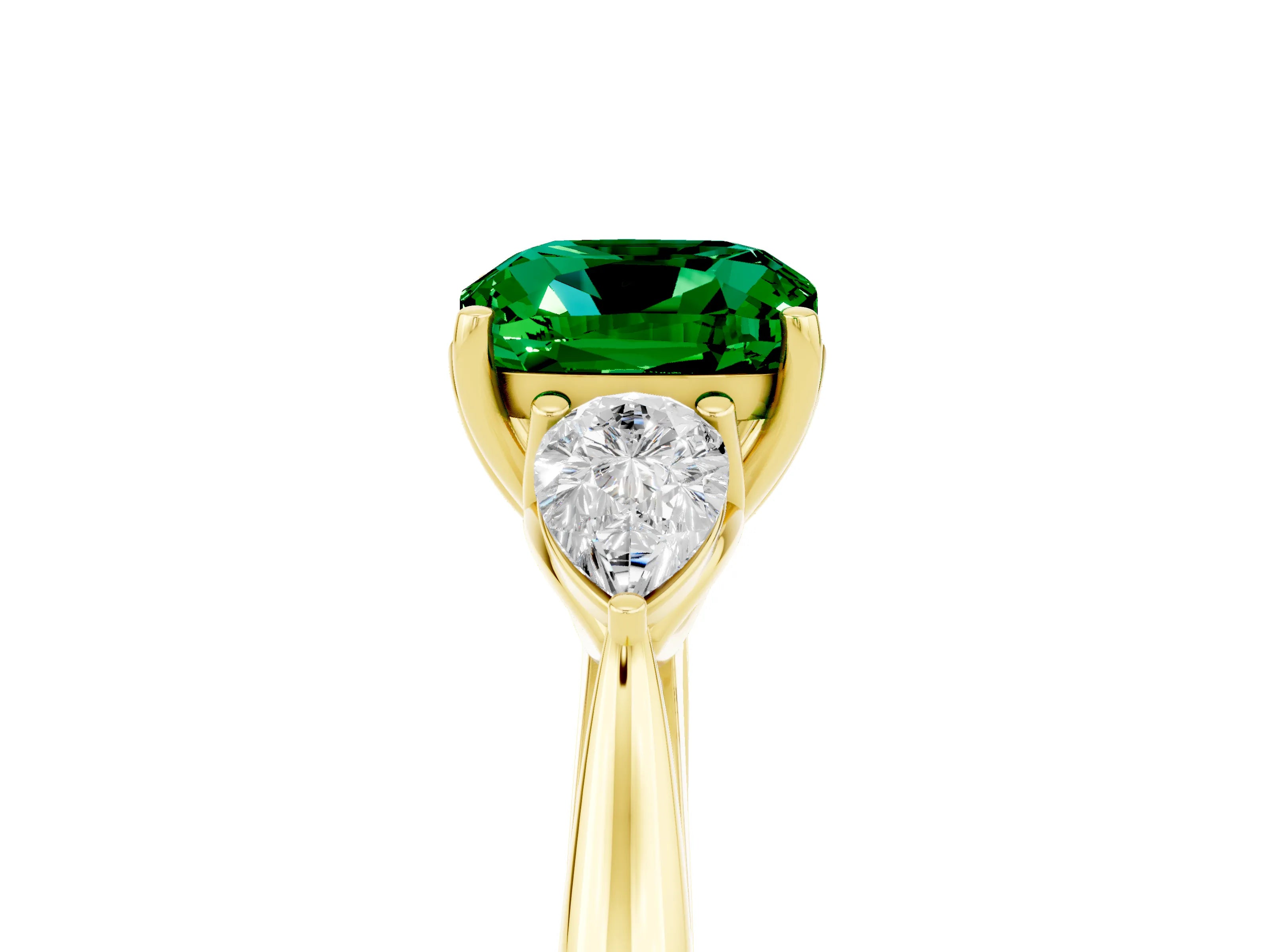Yellow gold Three-Stone Cushion Cut Cut Diamond Ring with Pear Side Stones in Four-Prong Setting_5
