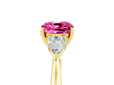 Yellow gold Three-Stone Cushion Cut Cut Diamond Ring with Pear Side Stones in Four-Prong Setting_5