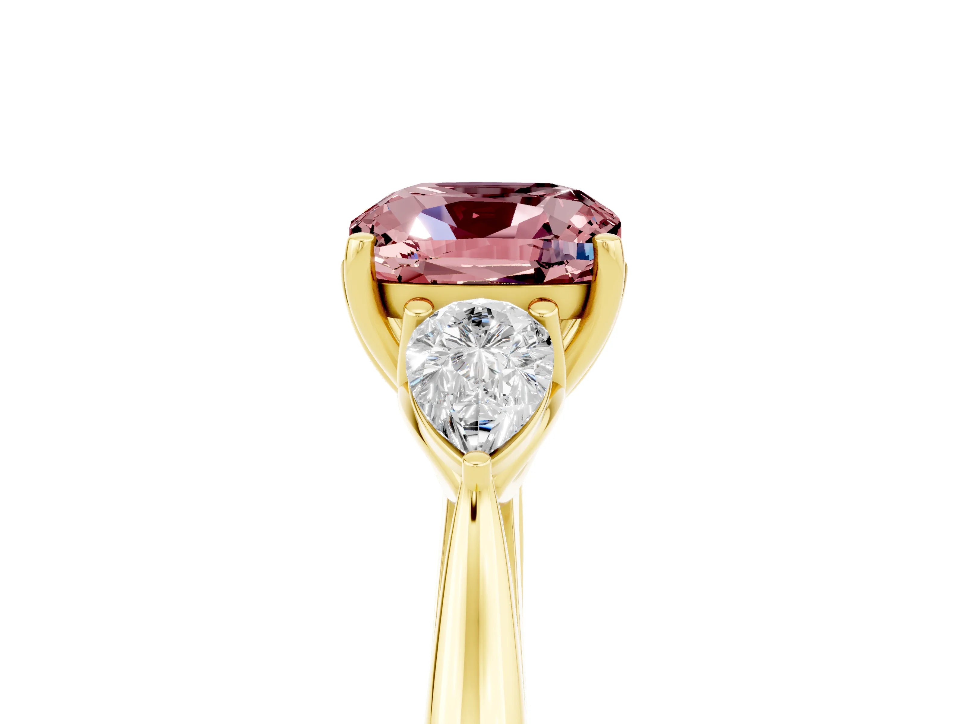 Yellow gold Three-Stone Cushion Cut Cut Diamond Ring with Pear Side Stones in Four-Prong Setting_5