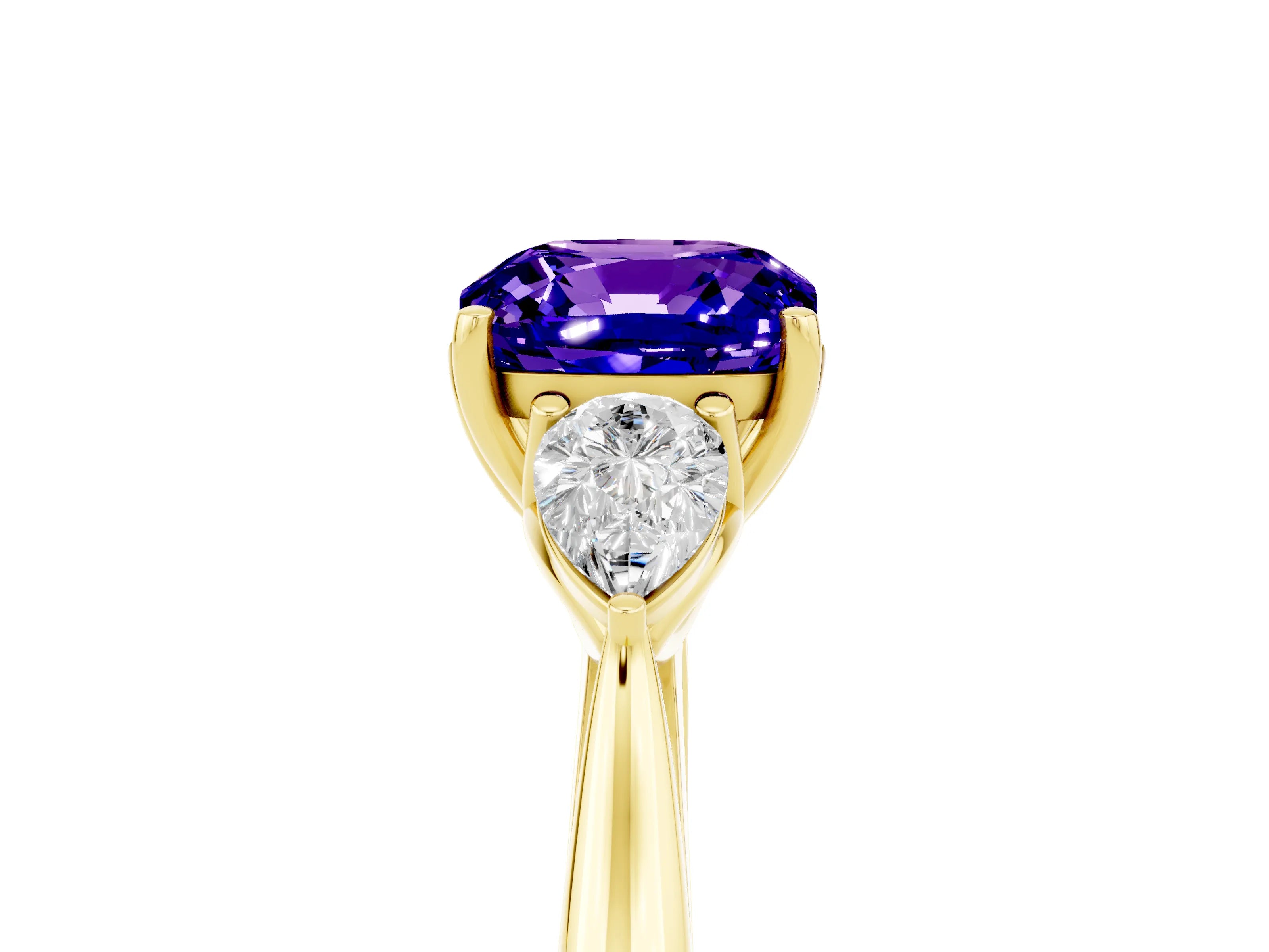 Yellow gold Three-Stone Cushion Cut Cut Diamond Ring with Pear Side Stones in Four-Prong Setting_5