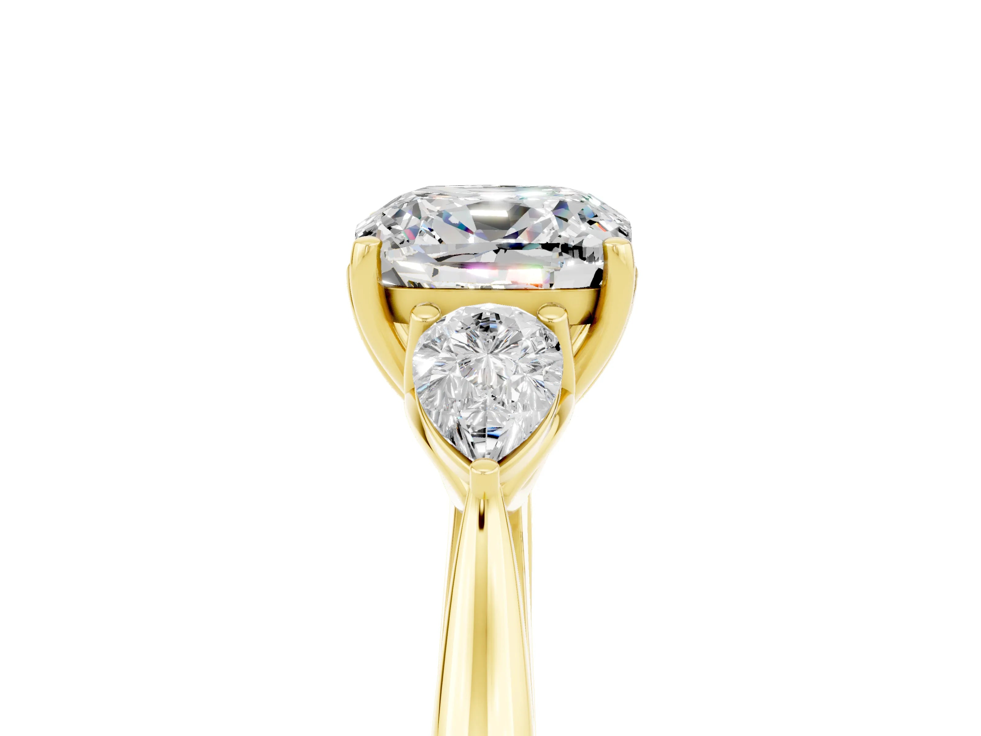Yellow gold Three-Stone Cushion Cut Cut Diamond Ring with Pear Side Stones in Four-Prong Setting_5
