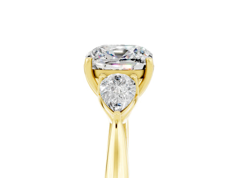 Yellow gold Three-Stone Cushion Cut Cut Diamond Ring with Pear Side Stones in Four-Prong Setting_5