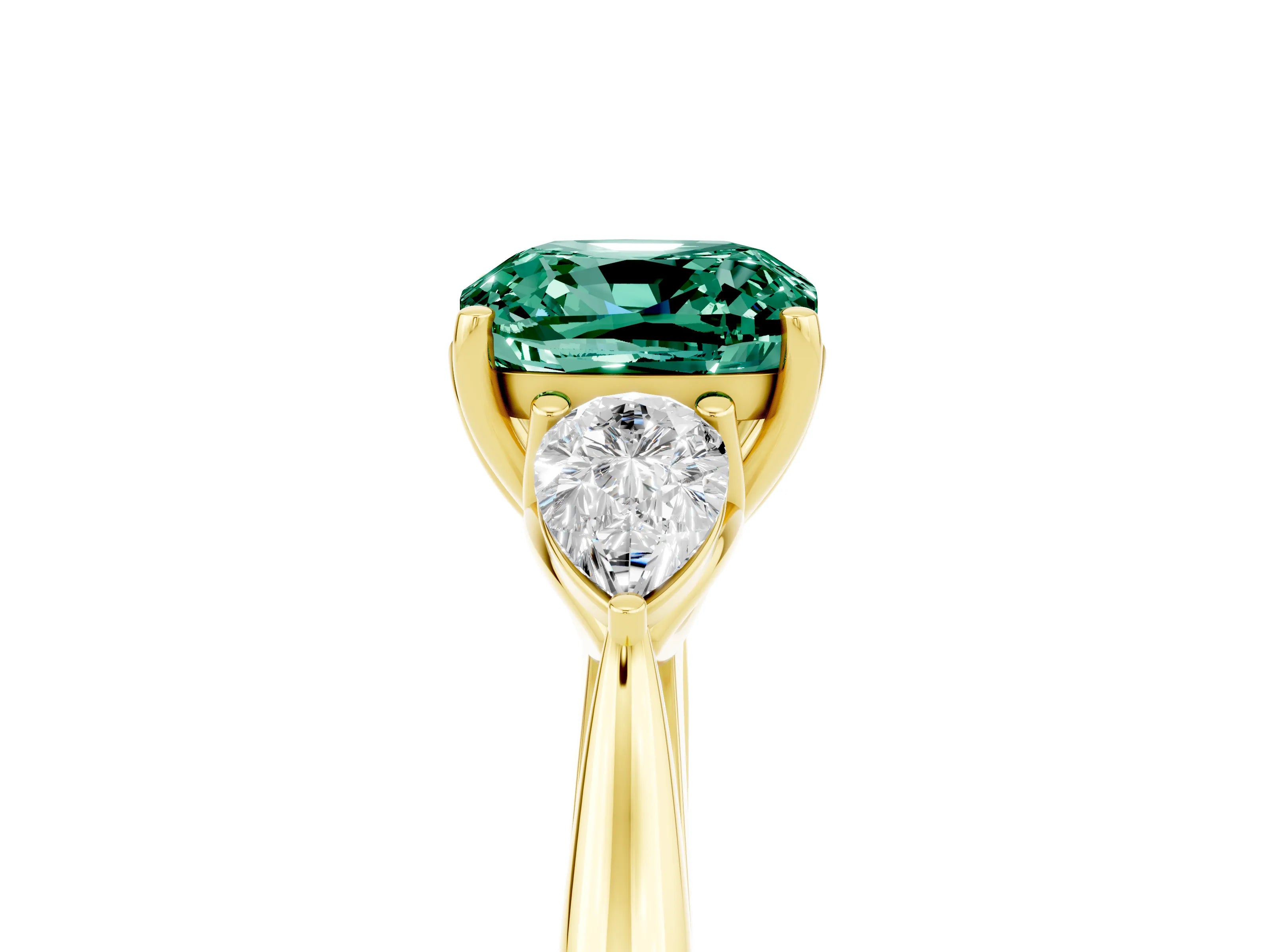 Yellow gold Three-Stone Cushion Cut Cut Diamond Ring with Pear Side Stones in Four-Prong Setting_5