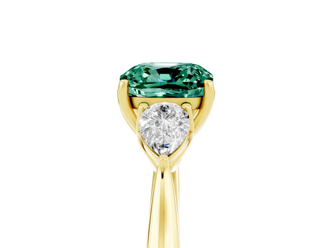Yellow gold Three-Stone Cushion Cut Cut Diamond Ring with Pear Side Stones in Four-Prong Setting_5