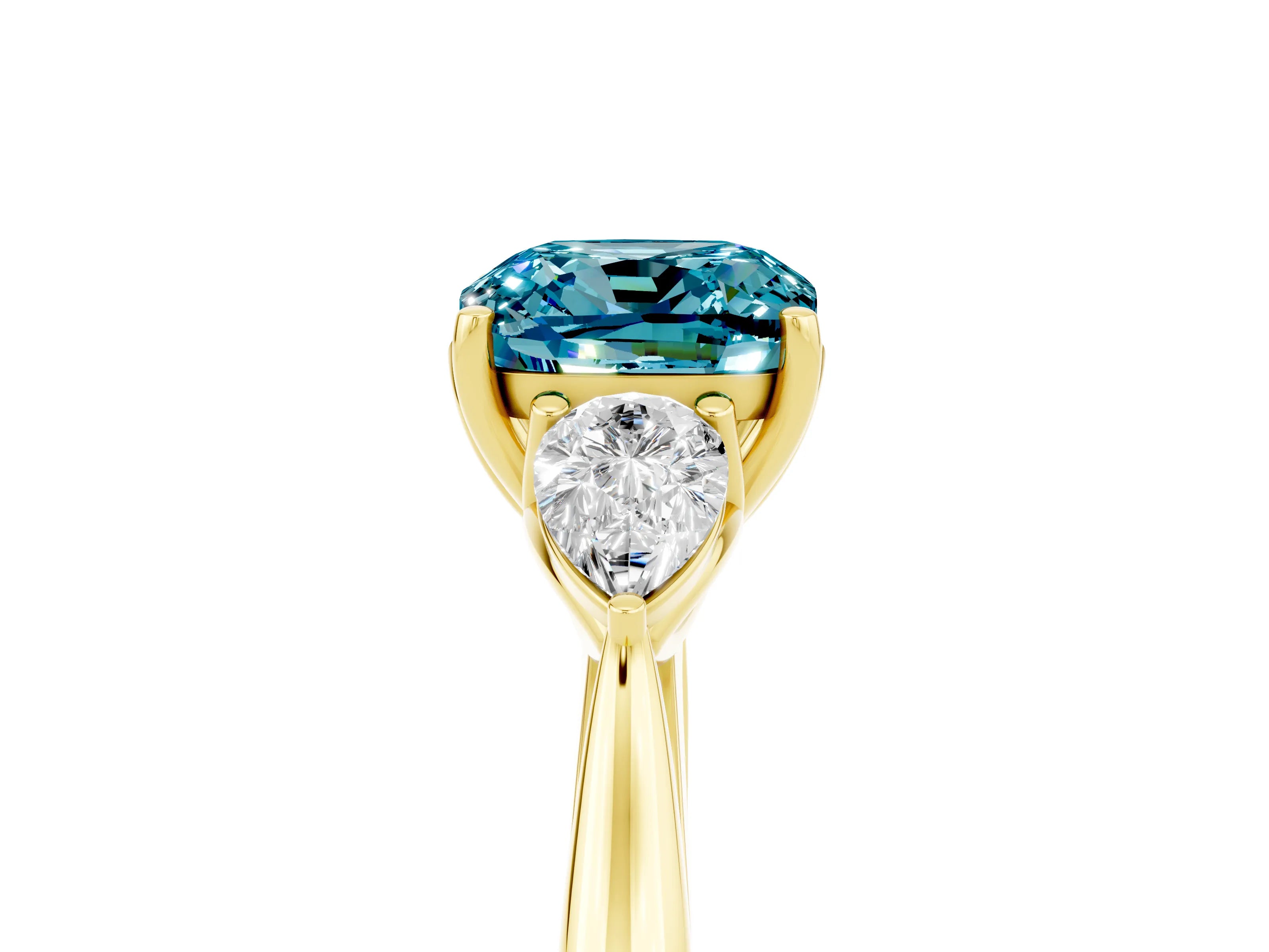 Yellow gold Three-Stone Cushion Cut Cut Diamond Ring with Pear Side Stones in Four-Prong Setting_5