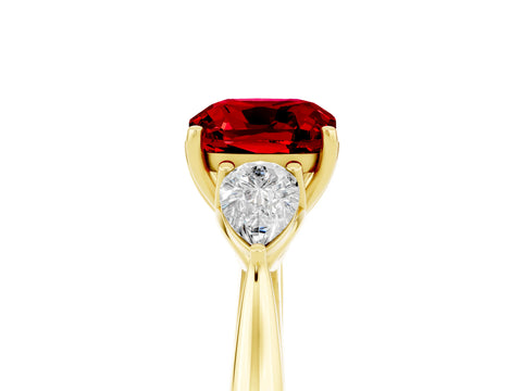 Yellow gold Three-Stone Cushion Cut Cut Diamond Ring with Pear Side Stones in Four-Prong Setting_5