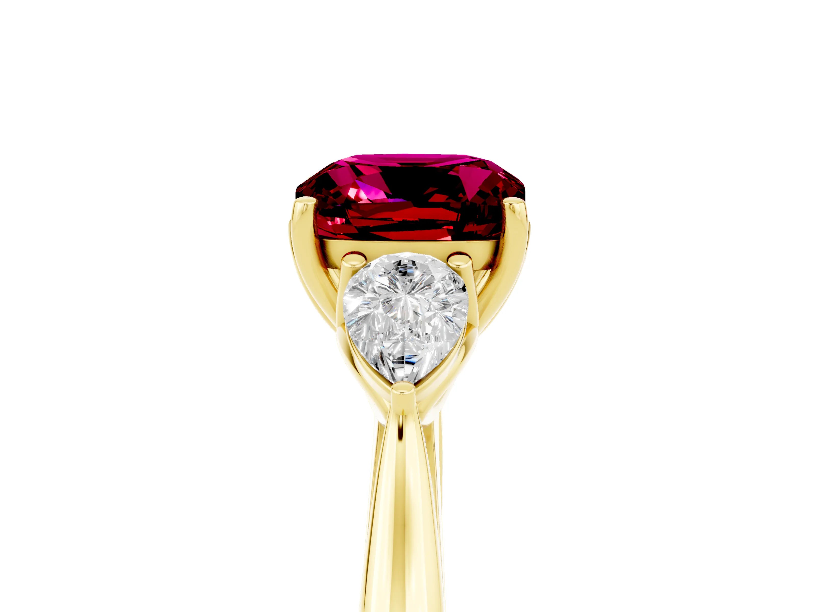 Yellow gold Three-Stone Cushion Cut Cut Diamond Ring with Pear Side Stones in Four-Prong Setting_5