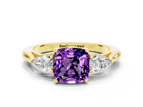 Yellow gold Three-Stone Cushion Cut Amethyst Ring with Pear  Side Stones in Four-Prong Setting