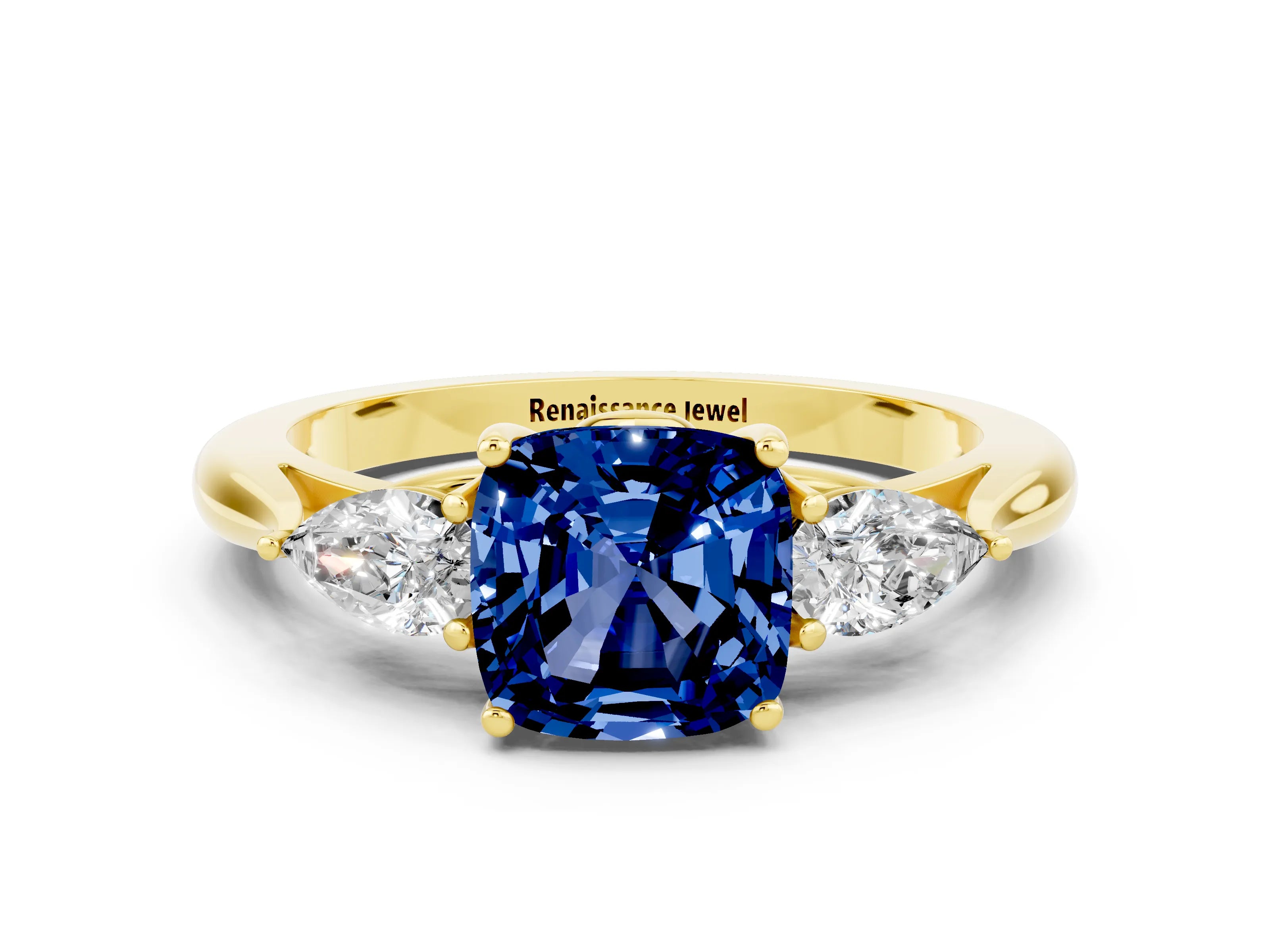 Yellow gold Three-Stone Cushion Cut Cut Diamond Ring with Pear Side Stones in Four-Prong Setting