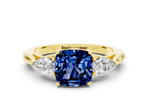 Yellow gold Three-Stone Cushion Cut Cut Diamond Ring with Pear Side Stones in Four-Prong Setting