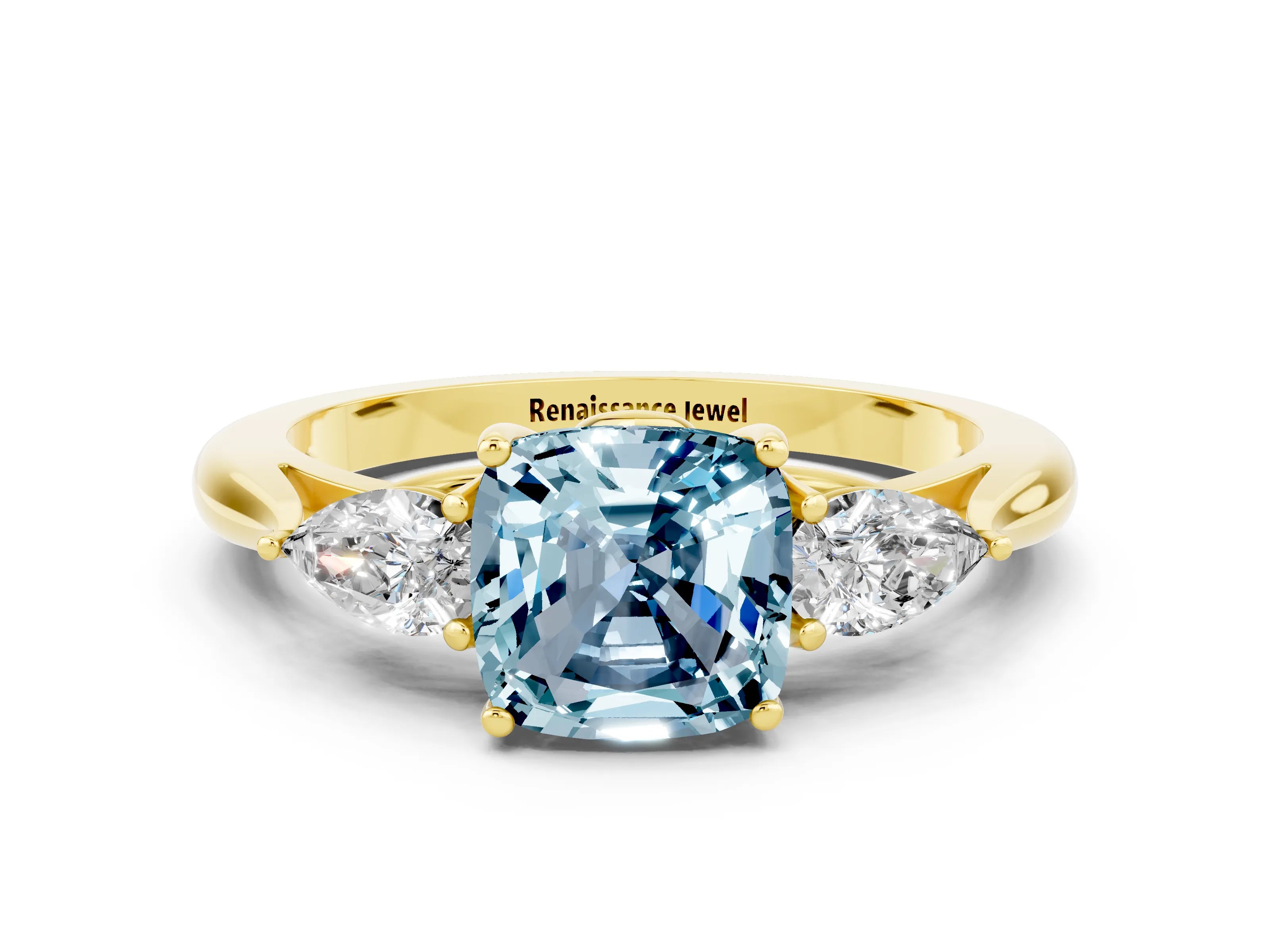 Yellow gold Three-Stone Cushion Cut Cut Diamond Ring with Pear Side Stones in Four-Prong Setting