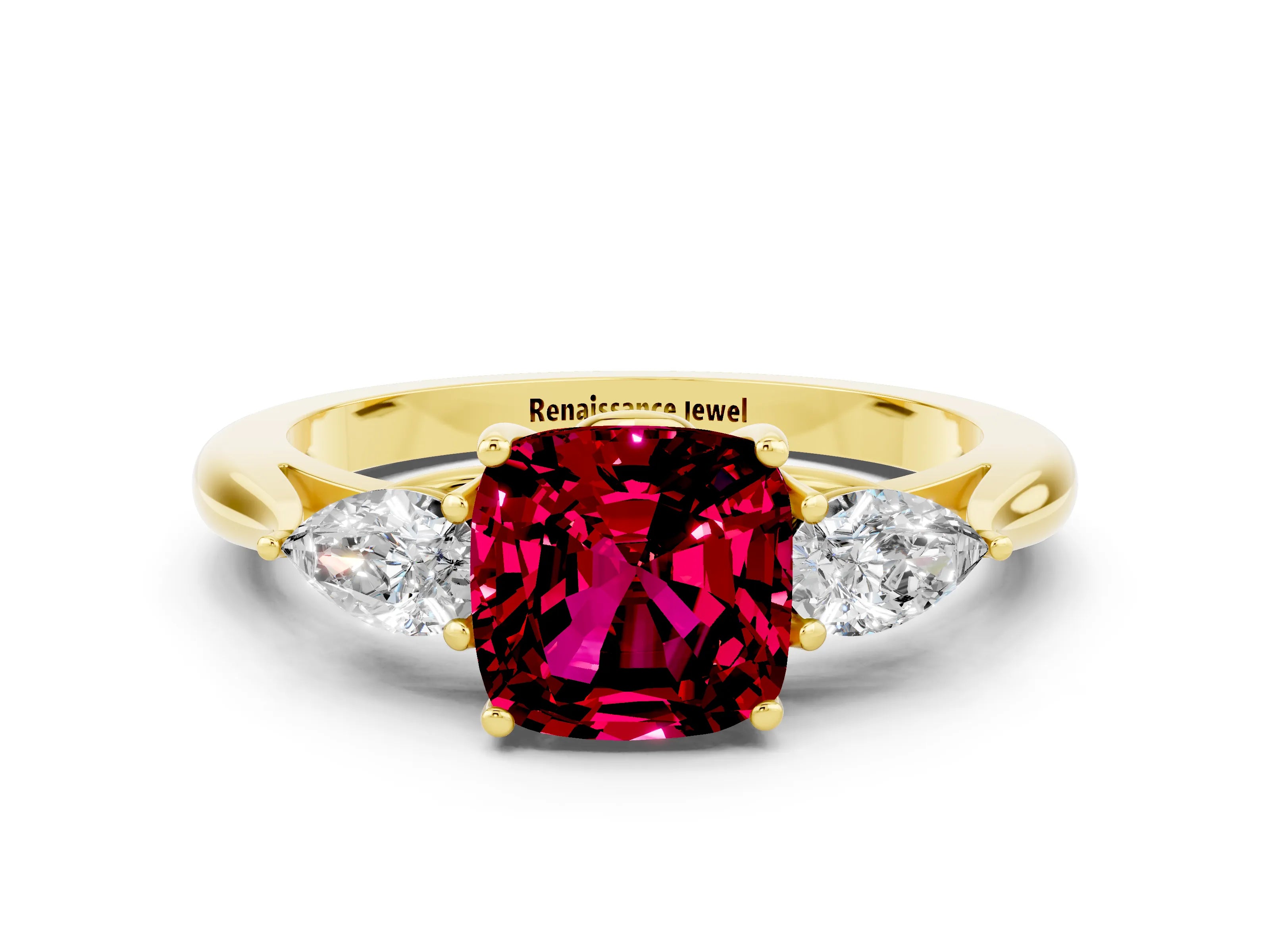 Yellow gold Three-Stone Cushion Cut Cut Diamond Ring with Pear Side Stones in Four-Prong Setting