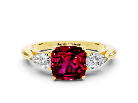 Yellow gold Three-Stone Cushion Cut Cut Diamond Ring with Pear Side Stones in Four-Prong Setting