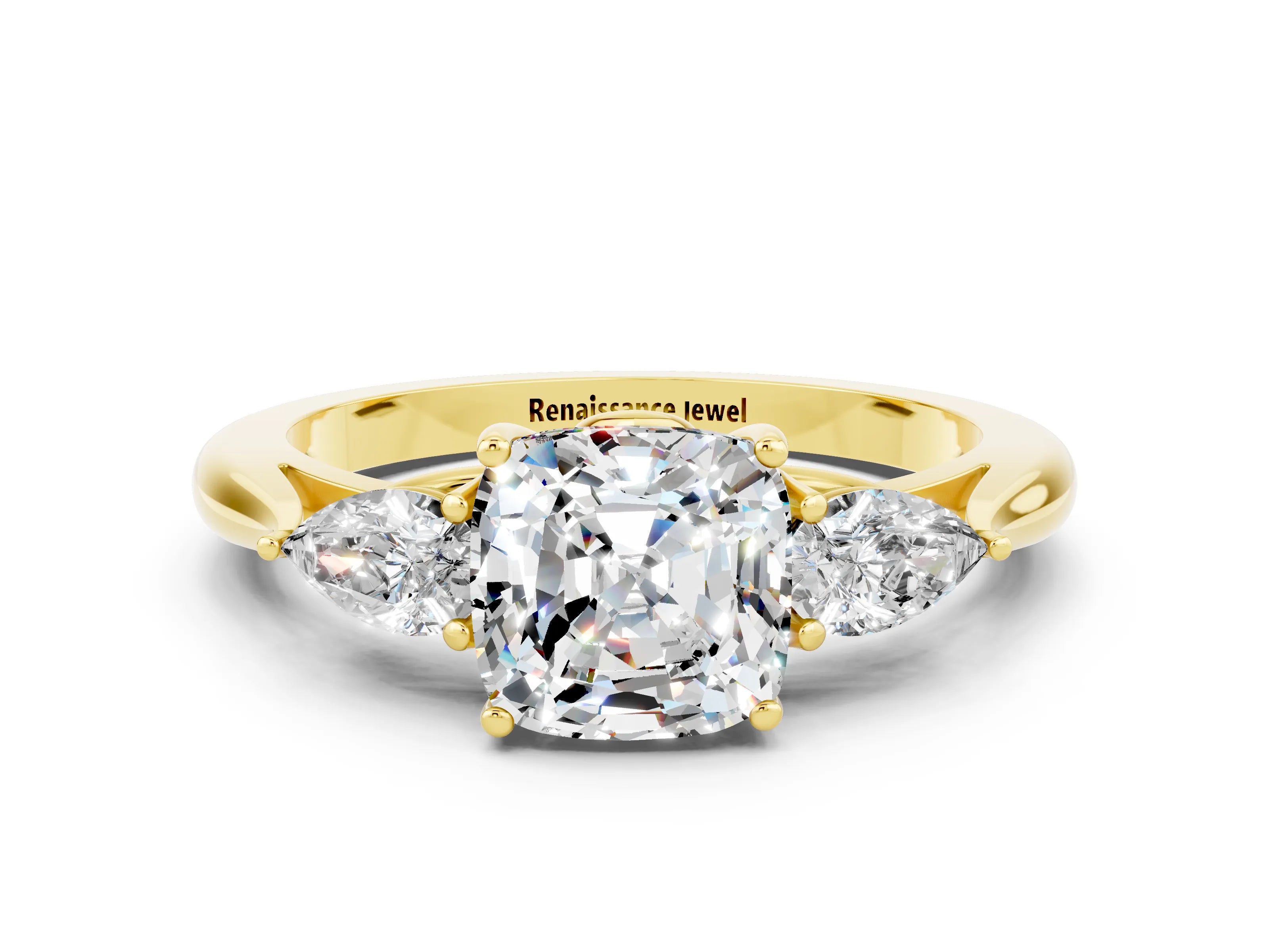 Yellow gold Three-Stone Cushion Cut Cut Diamond Ring with Pear Side Stones in Four-Prong Setting