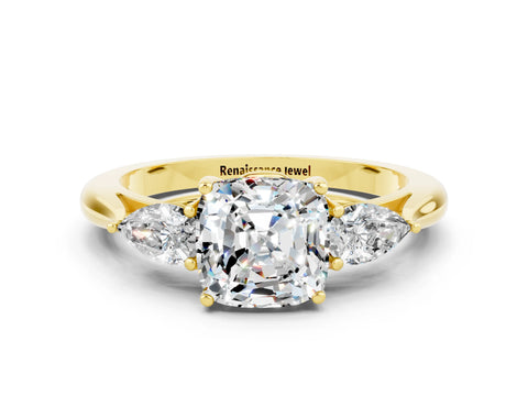 Yellow gold Three-Stone Cushion Cut Cut Diamond Ring with Pear Side Stones in Four-Prong Setting