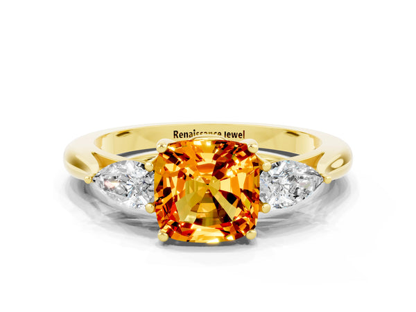 Yellow gold Three-Stone Cushion Cut Citrine Ring with Pear  Side Stones in Four-Prong Setting