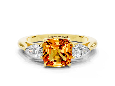 Yellow gold Three-Stone Cushion Cut Cut Diamond Ring with Pear Side Stones in Four-Prong Setting