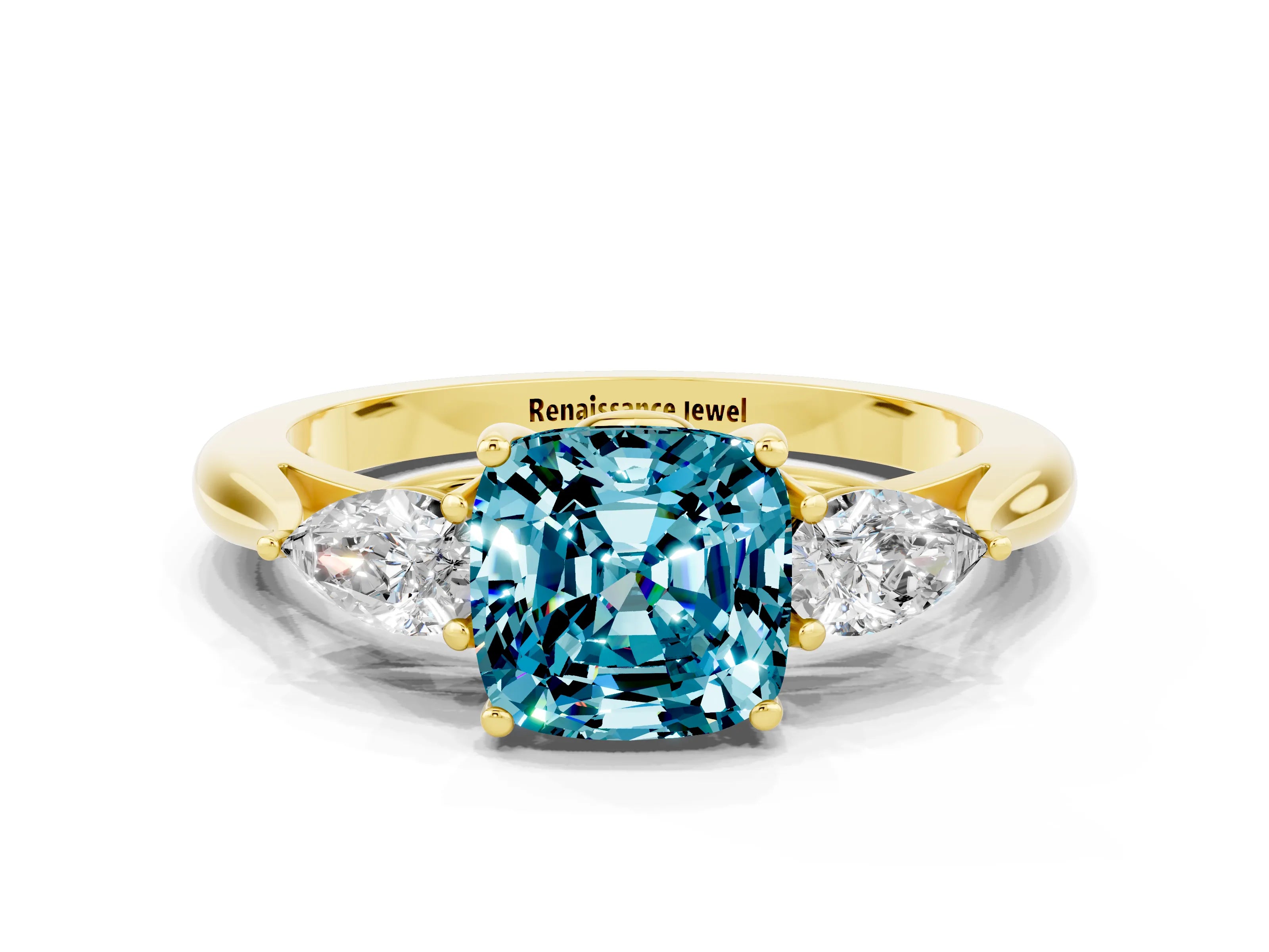 Yellow gold Three-Stone Cushion Cut Cut Diamond Ring with Pear Side Stones in Four-Prong Setting
