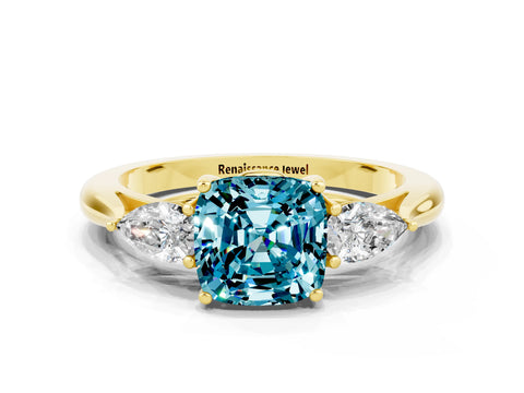 Yellow gold Three-Stone Cushion Cut Cut Diamond Ring with Pear Side Stones in Four-Prong Setting