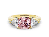 Yellow gold Three-Stone Cushion Cut Cut Diamond Ring with Trillion Side Stones and Four-Prong Setting