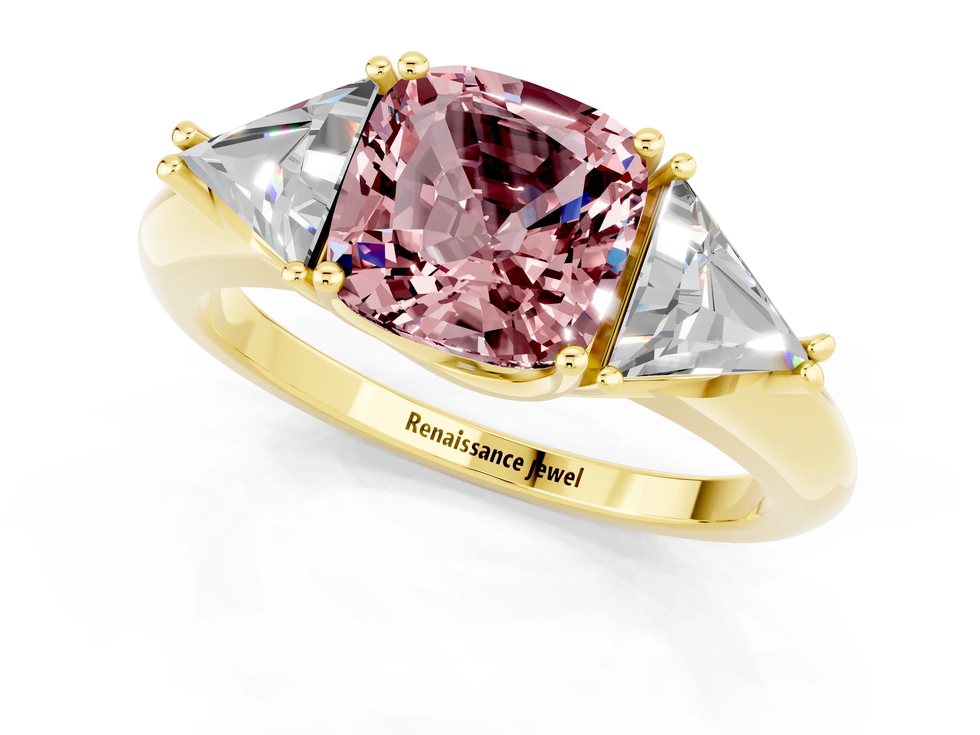 Yellow gold Three-Stone Cushion Cut Cut Diamond Ring with Trillion Side Stones and Four-Prong Setting_1