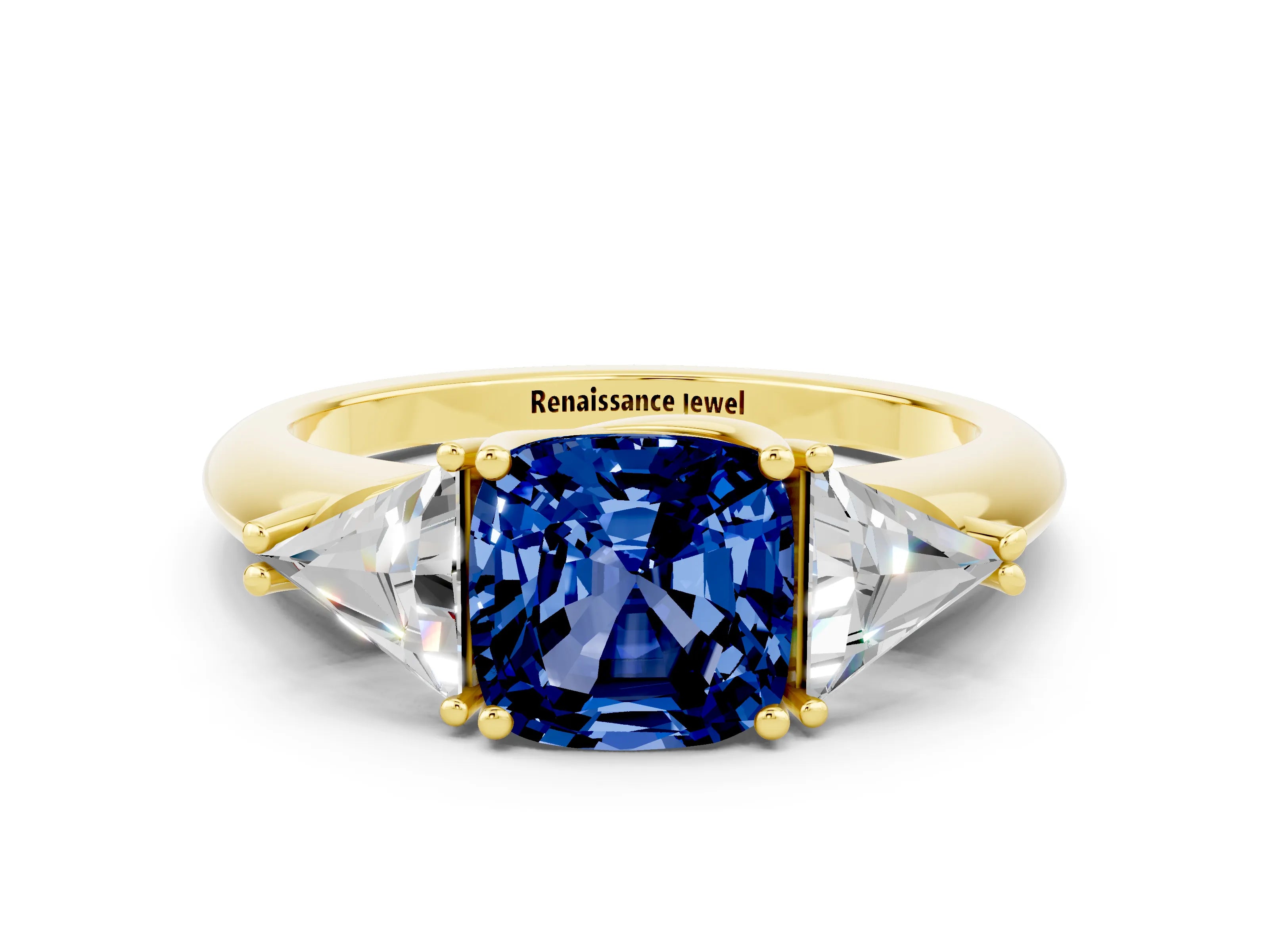 Yellow gold Three-Stone Cushion Cut Cut Diamond Ring with Trillion Side Stones and Four-Prong Setting