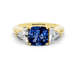 Yellow gold Three-Stone Cushion Cut Cut Diamond Ring with Trillion Side Stones and Four-Prong Setting