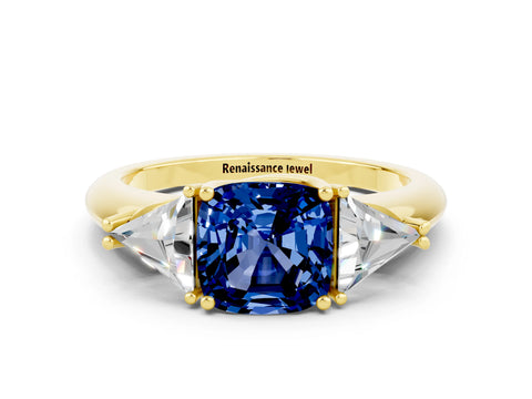 Yellow gold Three-Stone Cushion Cut Cut Diamond Ring with Trillion Side Stones and Four-Prong Setting